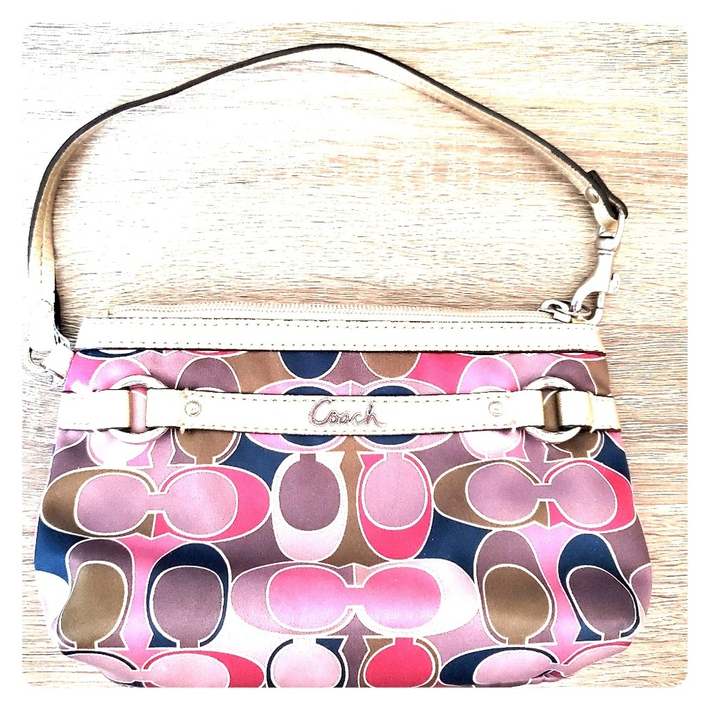 Coach Wristlet- gold, pink, green and blue